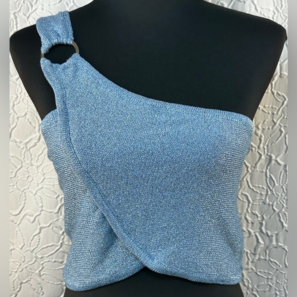 House of Harlow 1960- Shimmering Blue One-Shoulder Crop Top (L) ‼️NWT‼️